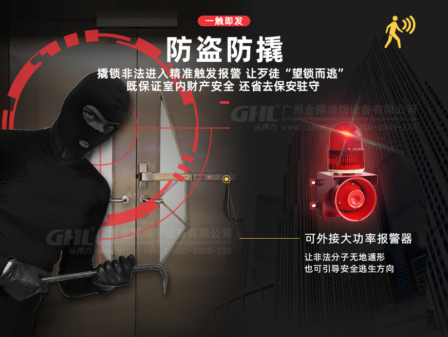 防盜防撬：報(bào)警裝置一觸即發(fā)，保證室內(nèi)財(cái)產(chǎn)安全，省去保安駐守。