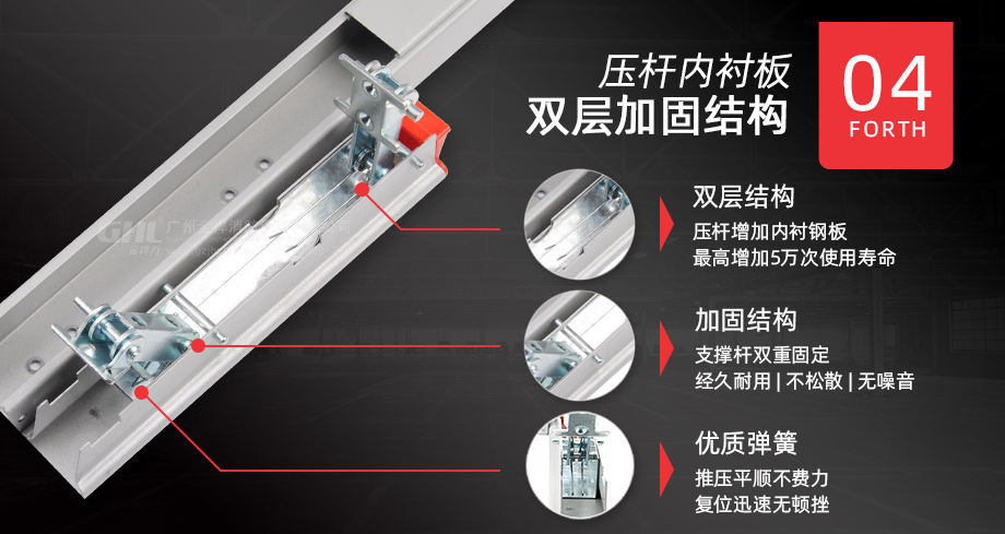 金捍力逃生門鎖壓桿增加內(nèi)襯板結(jié)構(gòu)，雙層加固，壽命更長(zhǎng)！